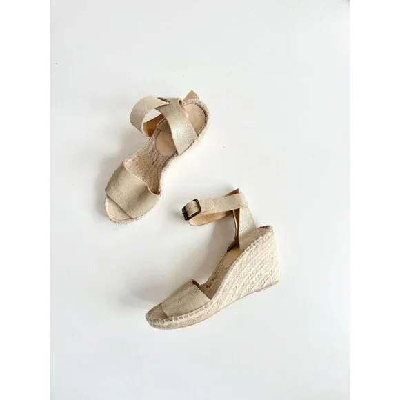 J CREW Corsica Gold Metallic Leather Platform Espadrilles Wedge Sandals, Size 6 - Picture 1 of 16